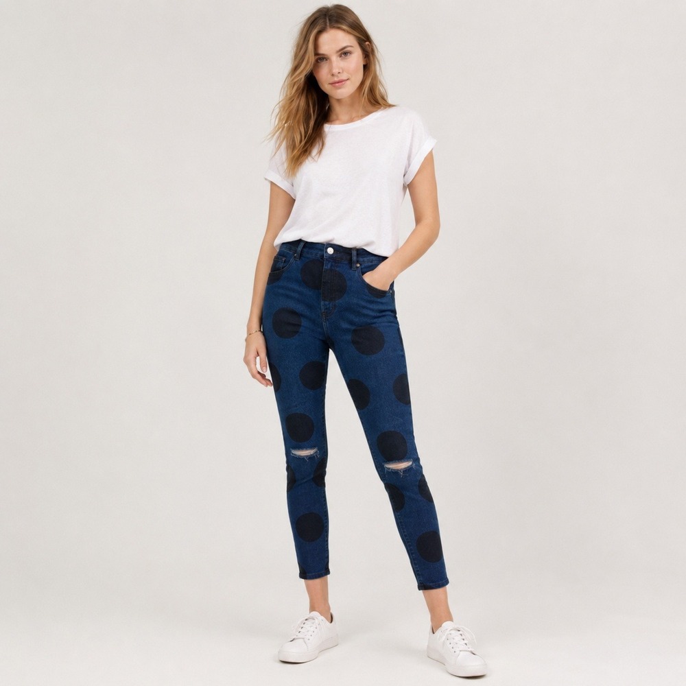 Zara Blue Black Polka Dot Skinny Ankle Jeans Y2K Inspired Distressed‎ Women's 10